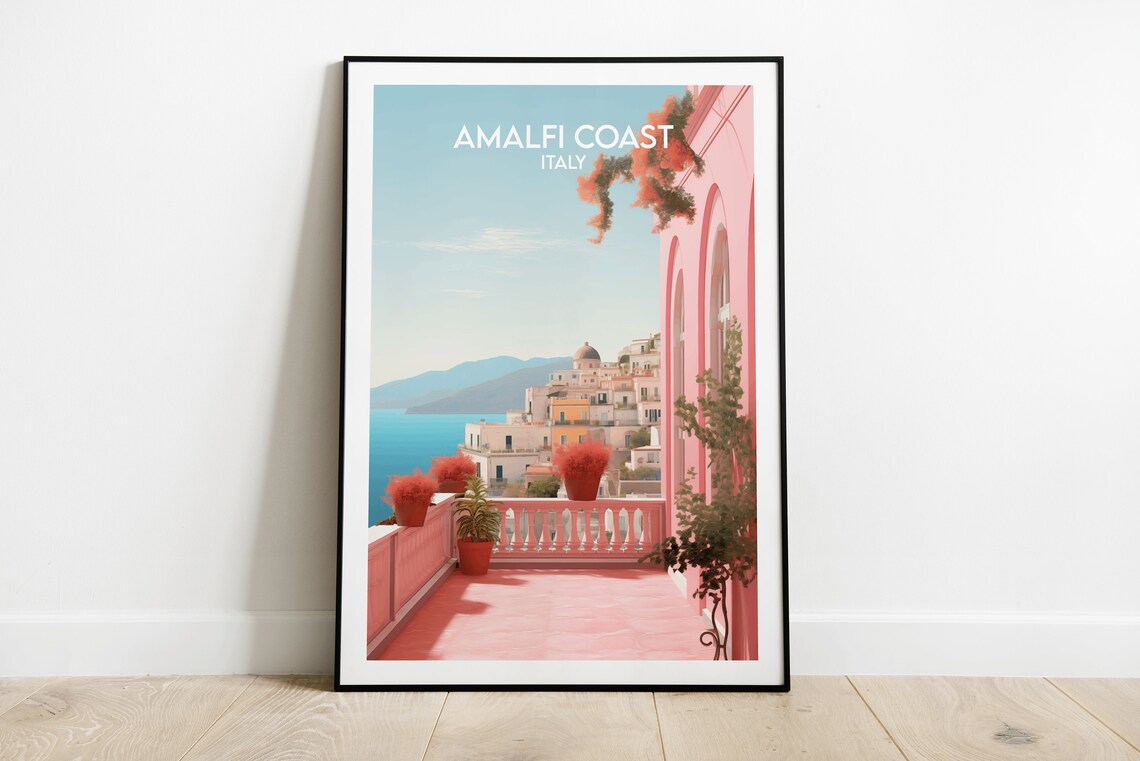 Amalfi Coast Italy Pink Terrace Sea View Summer Travel Art Poster