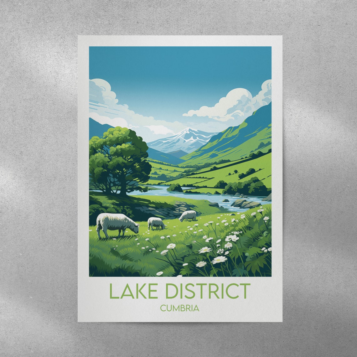 Lake District Cumbria Green Hills Grazing Sheep Scenic Poster - Image 2