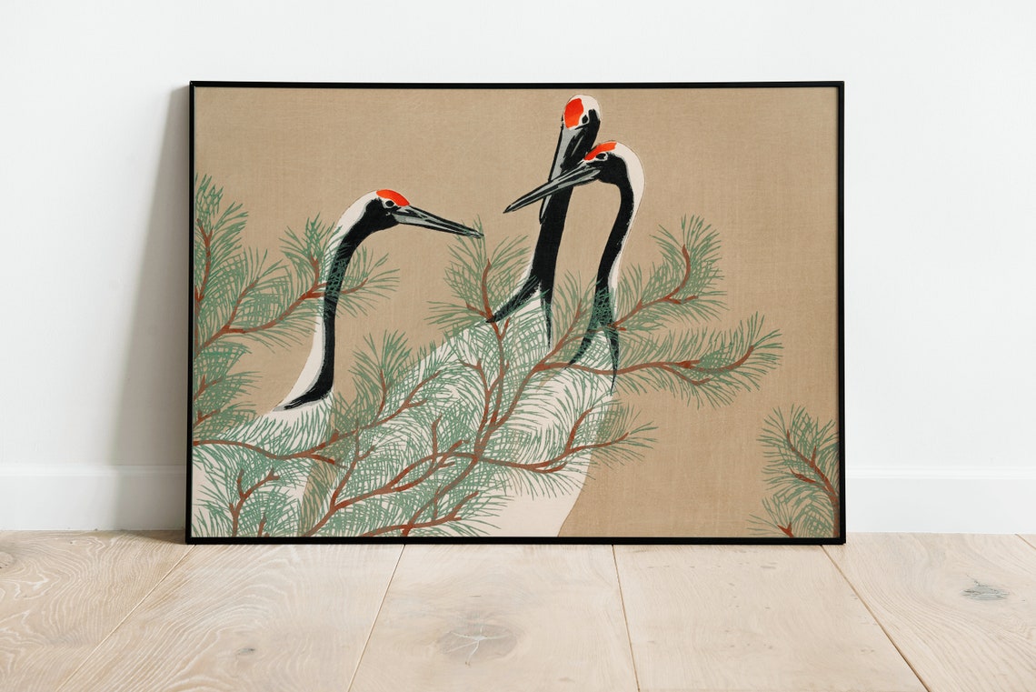 Japanese Red Crowned Cranes Pine Branch Woodblock Art Poster
