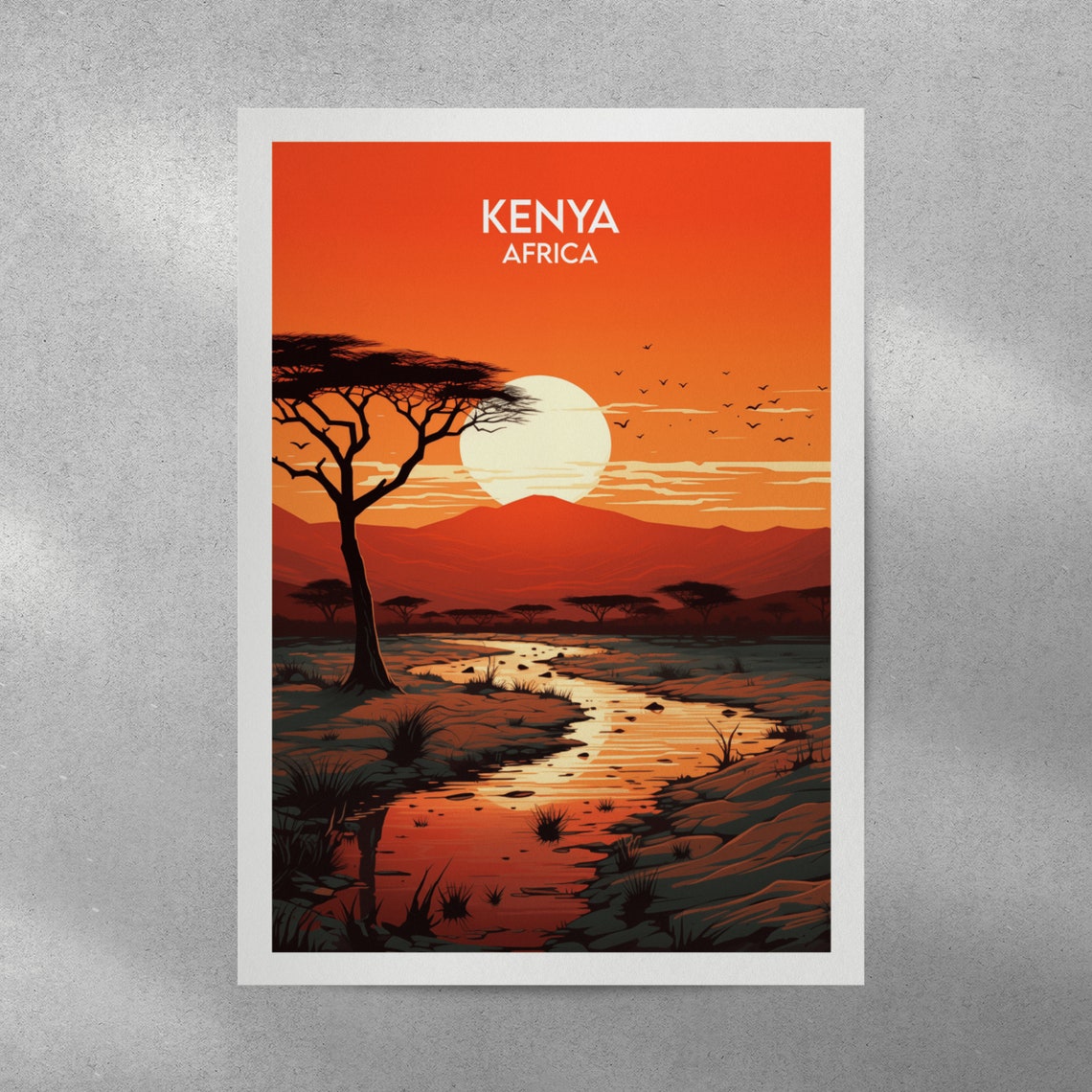 Kenya Africa Savannah Sunset Acacia Tree River Wildlife Poster - Image 3