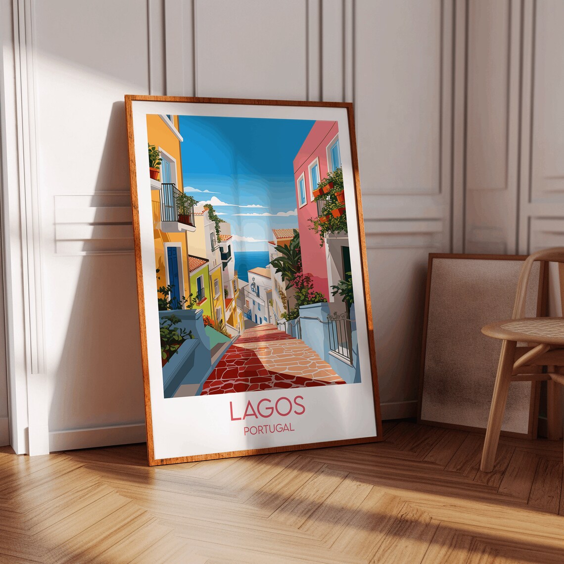 Lagos Portugal Old Town Street Sea View Illustrated Travel Poster - Image 2