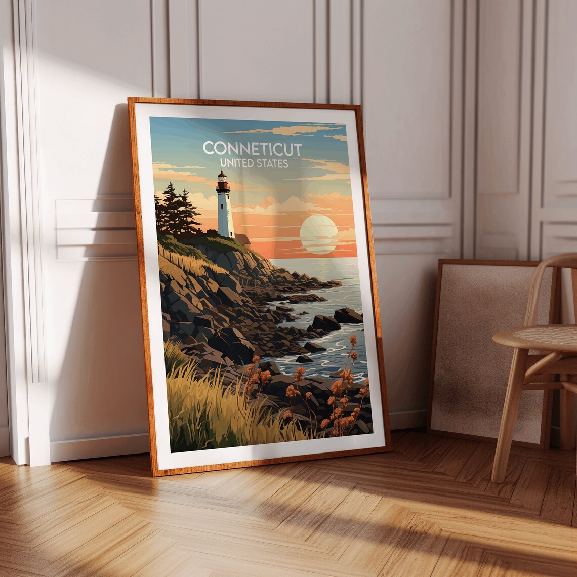 Connecticut United States Lighthouse Rocky Coast Sunset Travel Poster - Image 2