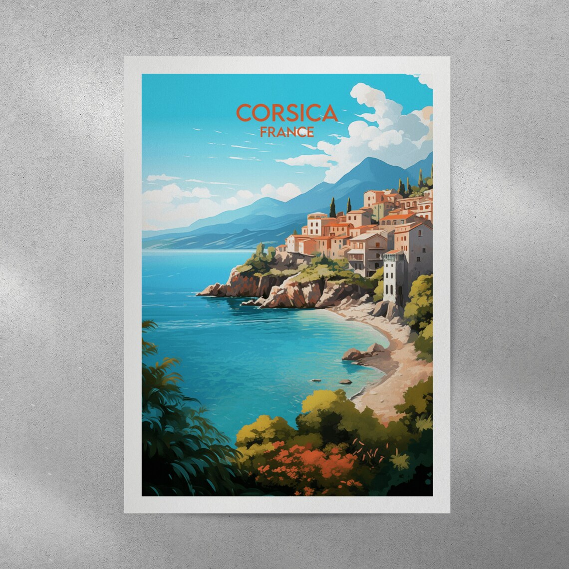 Corsica France Travel Poster Coastal Village Turquoise Sea Artwork - Image 3