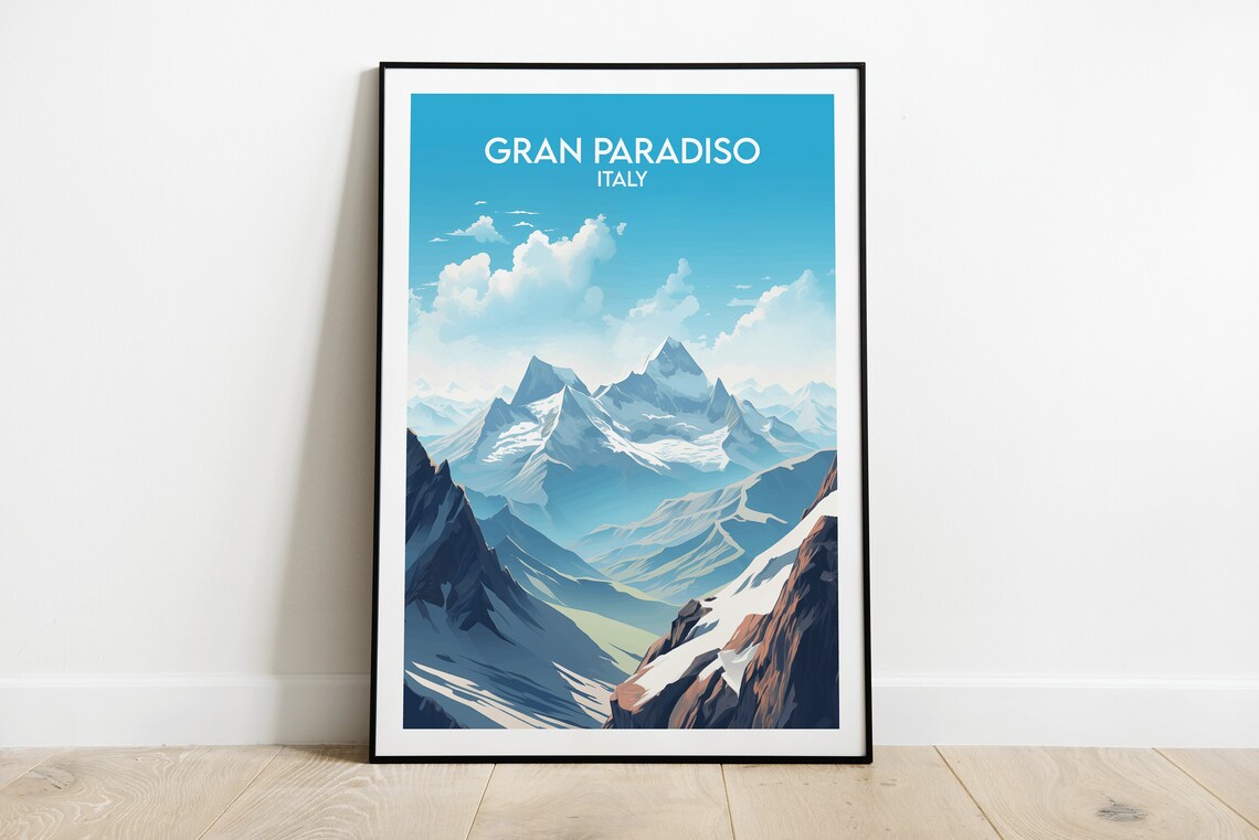 Gran Paradiso Italy Snowy Alpine Peaks Retro Travel Art Poster