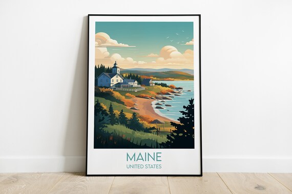 Maine Seaside White House Rocky Coast Retro Travel Art Poster
