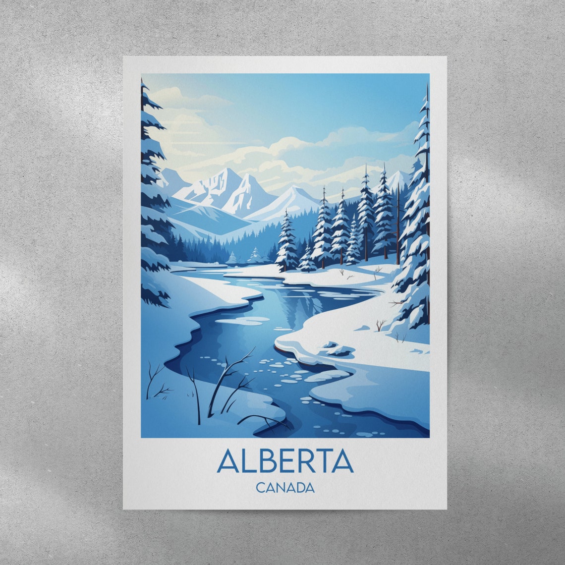 Alberta Canada Winter Snow Mountain River Scene Travel Poster - Image 3