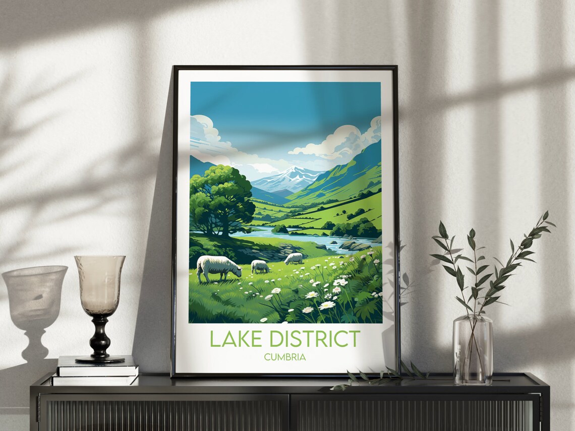 Lake District Cumbria Green Hills Grazing Sheep Scenic Poster - Image 3