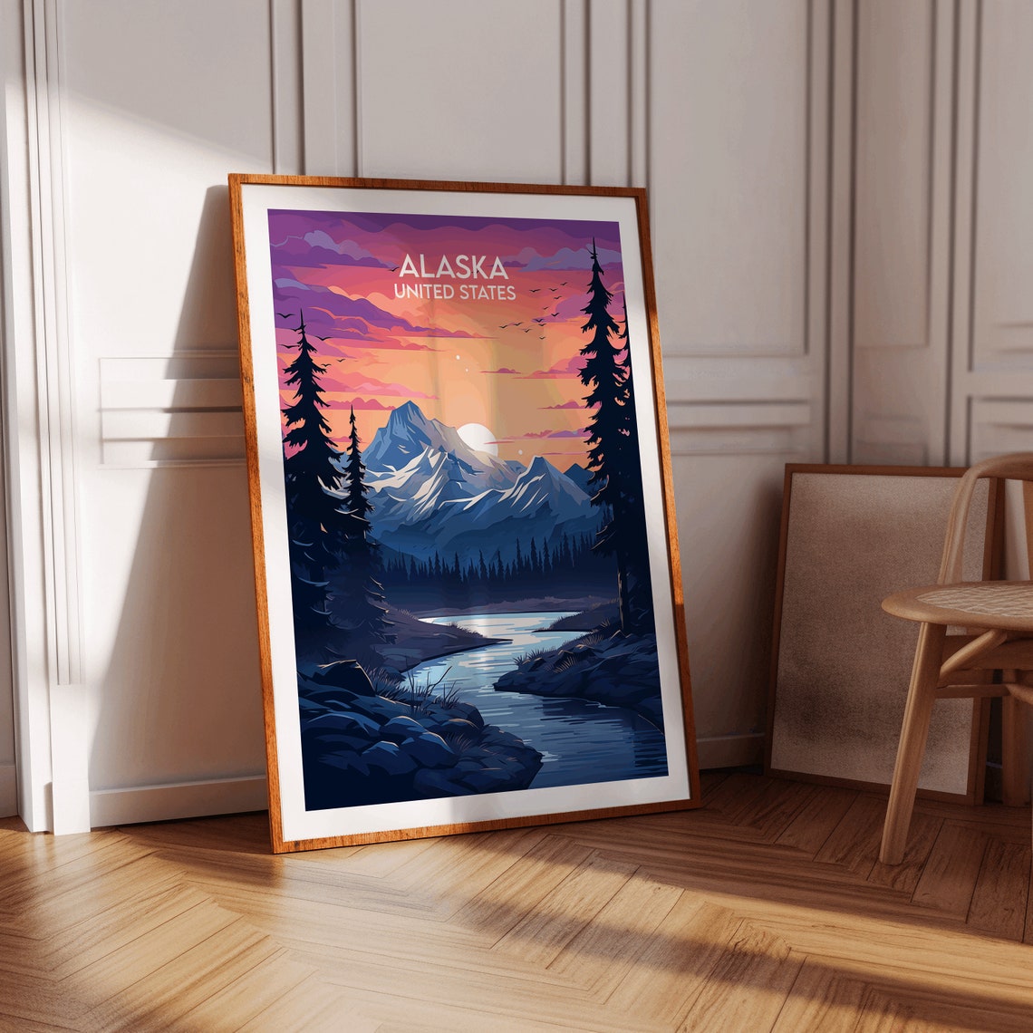 Alaska United States Mountain Sunset River Pines Travel Poster - Image 4