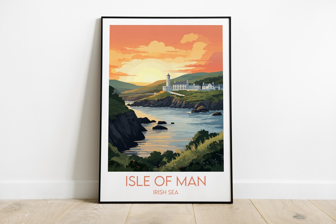 Isle Of Man Irish Sea Lighthouse Sunset Coastal Travel Poster