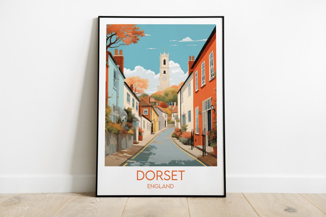 Dorset England Old Town Lane Church Spire Charming Travel Poster