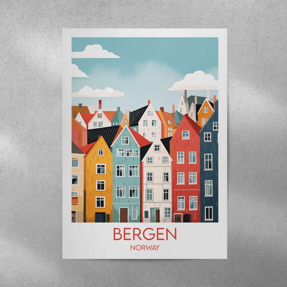 Bergen Norway Colorful Bryggen Wharf Houses Retro Travel Poster - Image 3