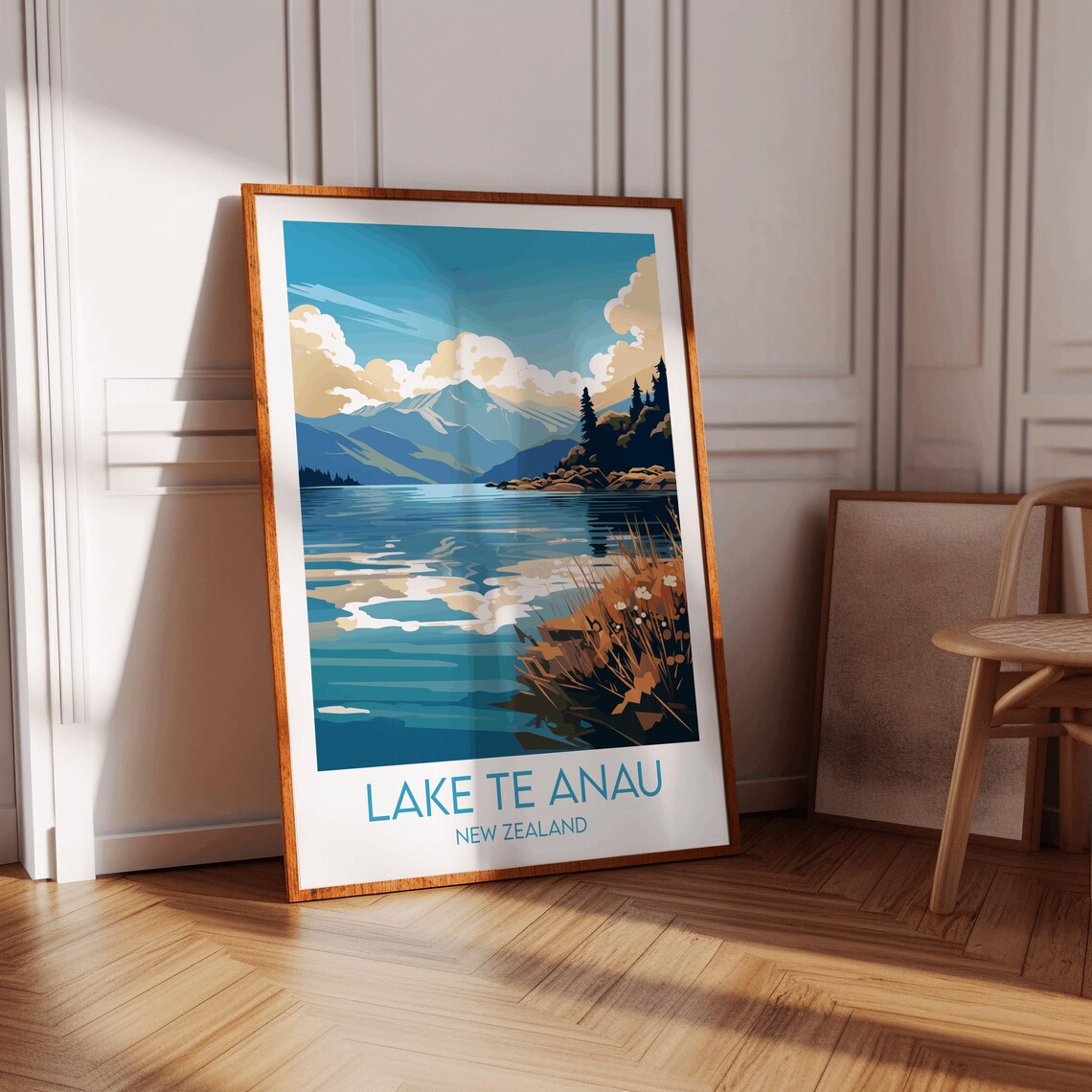 Lake Te Anau New Zealand Blue Water Reflections Scenic Travel Poster - Image 3