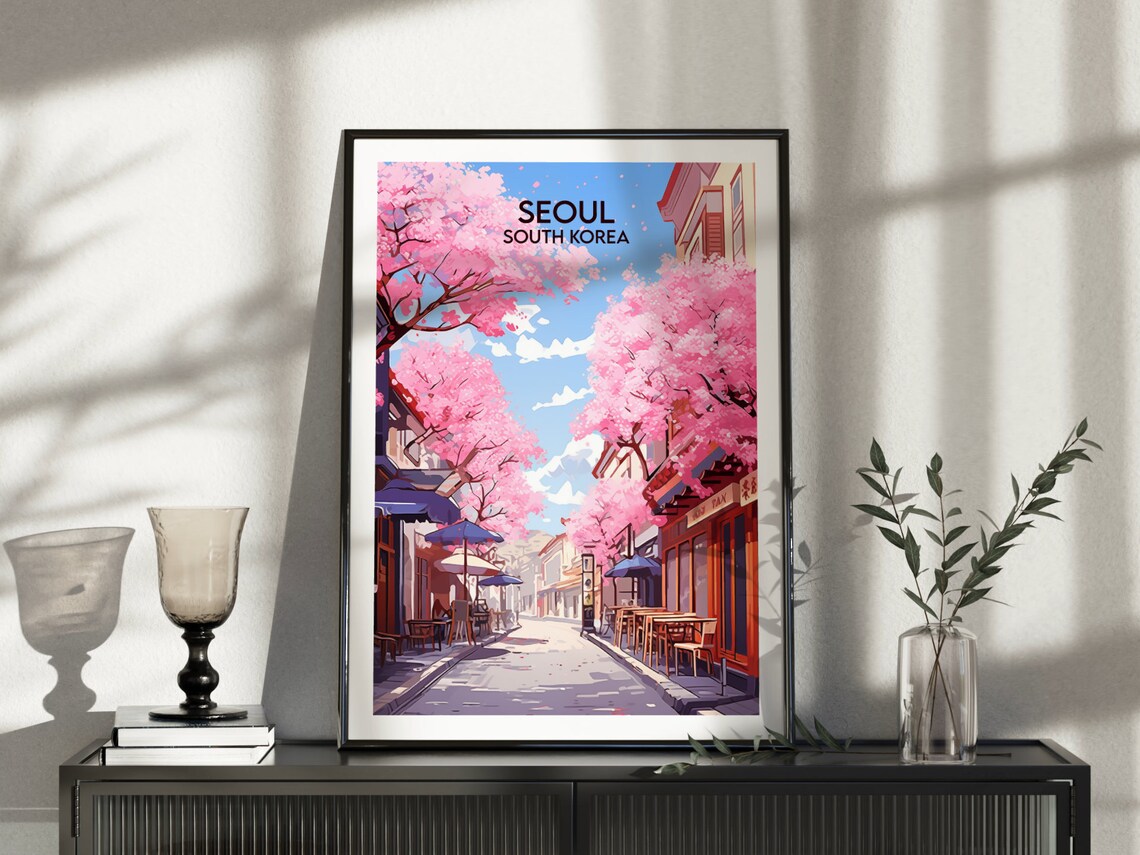 Seoul South Korea Cherry Blossom Street Cafe Travel Poster Art - Image 5