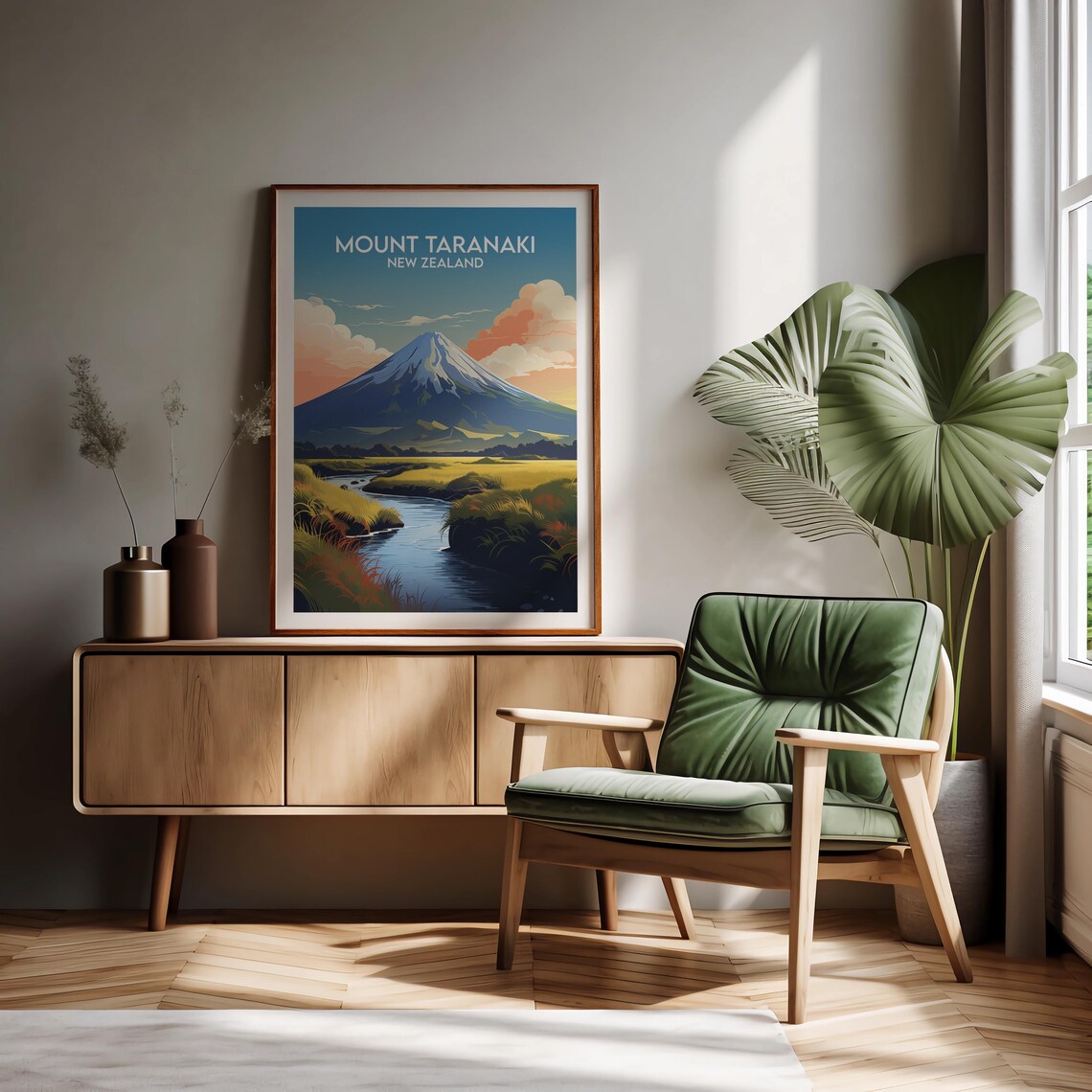 Mount Taranaki New Zealand Snowy Volcano Meadow Stream Poster - Image 2
