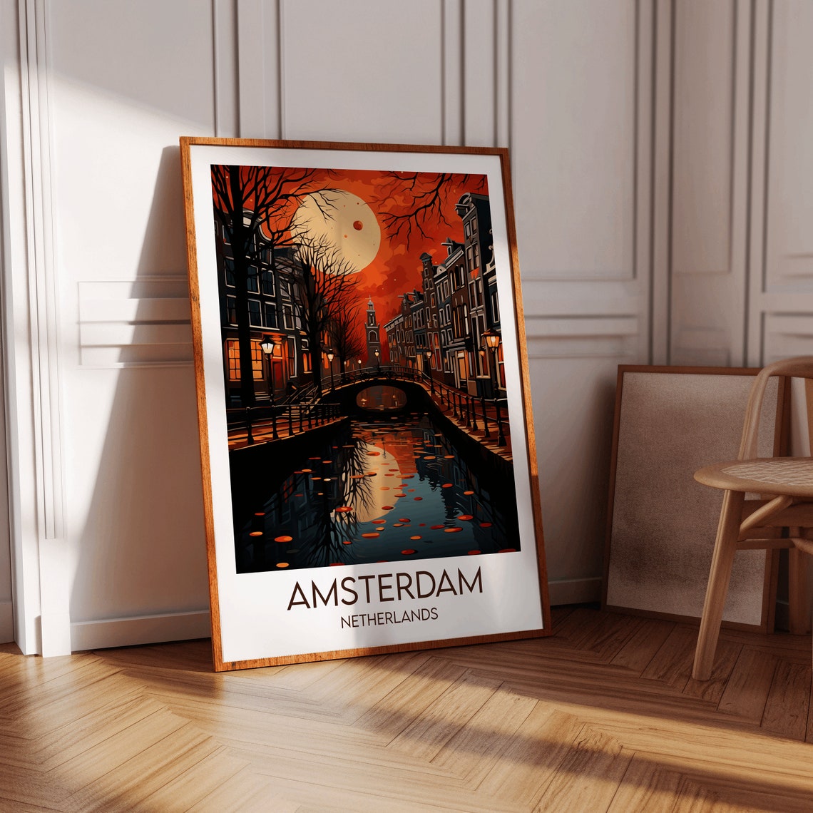 Amsterdam Netherlands Moonlit Canal Bridge Gabled Houses Travel Poster - Image 2