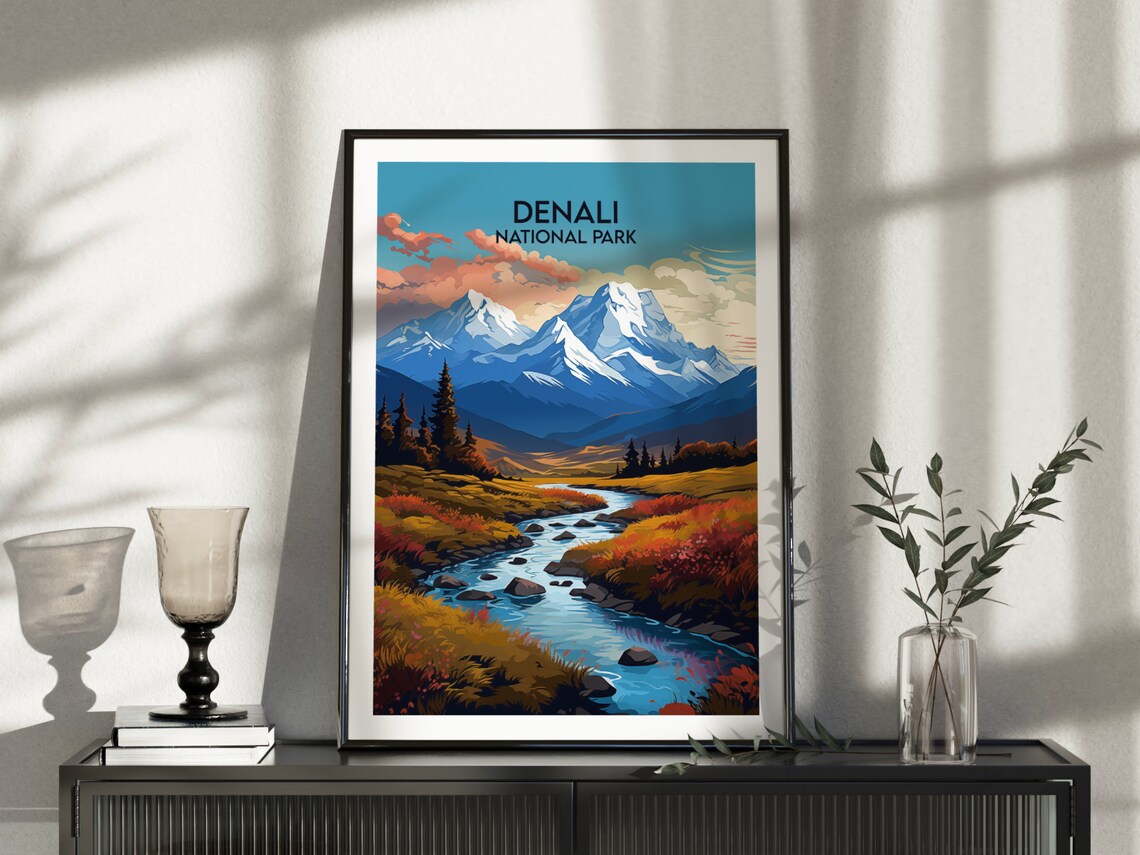 Denali National Park Snowy Peaks Winding River Travel Poster - Image 3