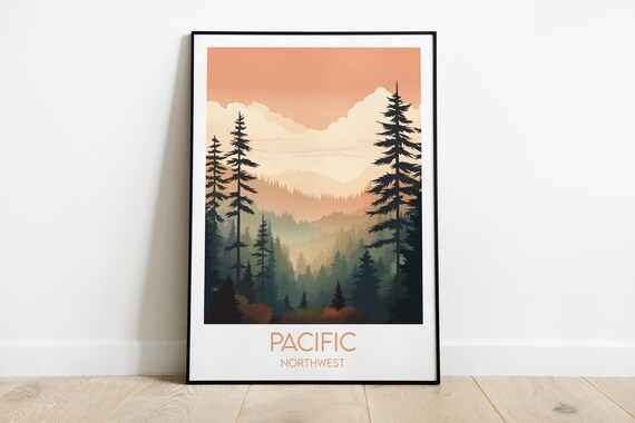 Pacific Northwest Evergreen Forest Mountain Sunset Travel Poster
