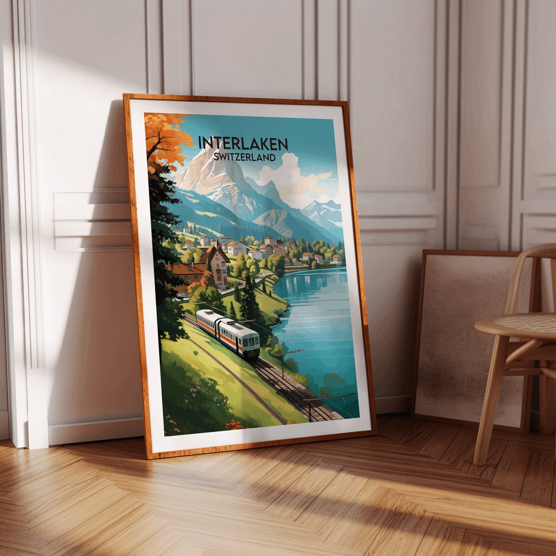 Interlaken Switzerland Alpine Train and Lake View Vintage Style Poster - Image 3