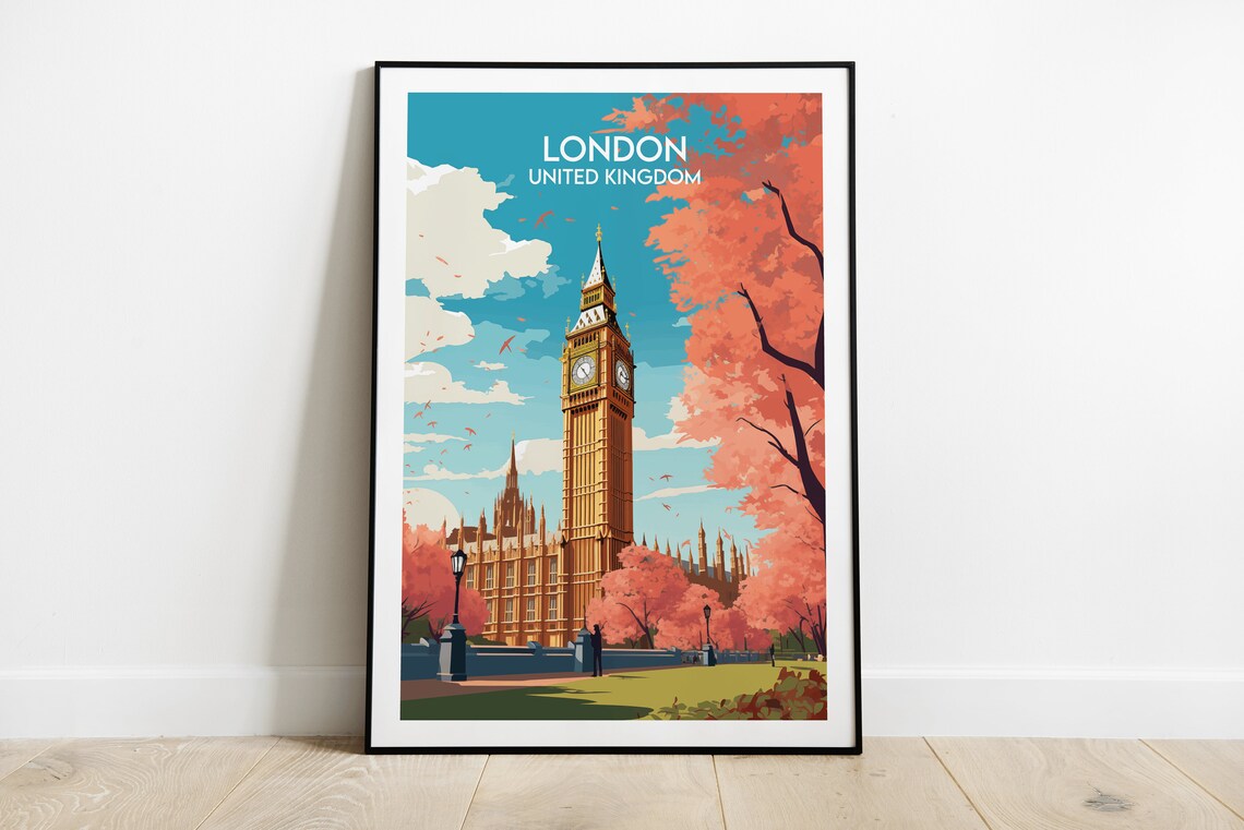 London United Kingdom Big Ben Autumn Blossom Vintage Travel Poster