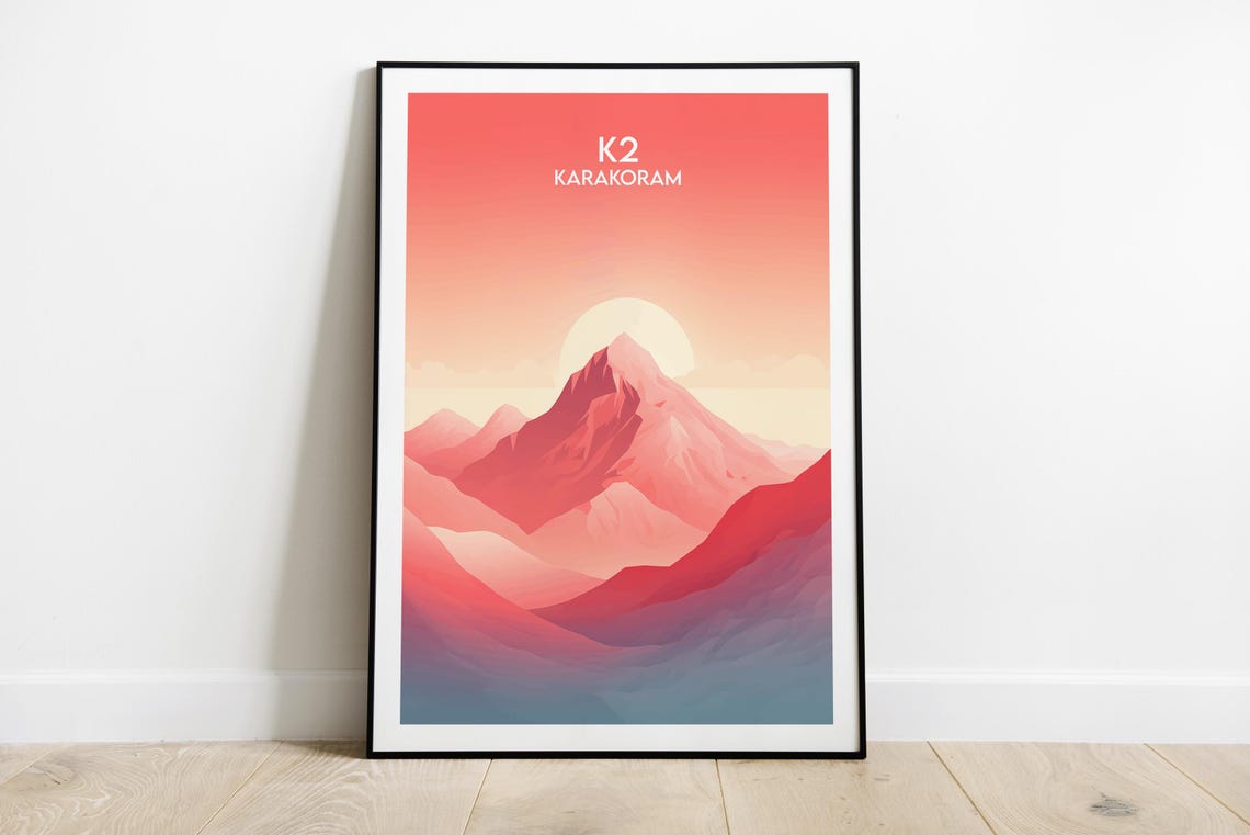 K2 Karakoram Bold Red Peak Mountain Sunset Minimal Travel Poster