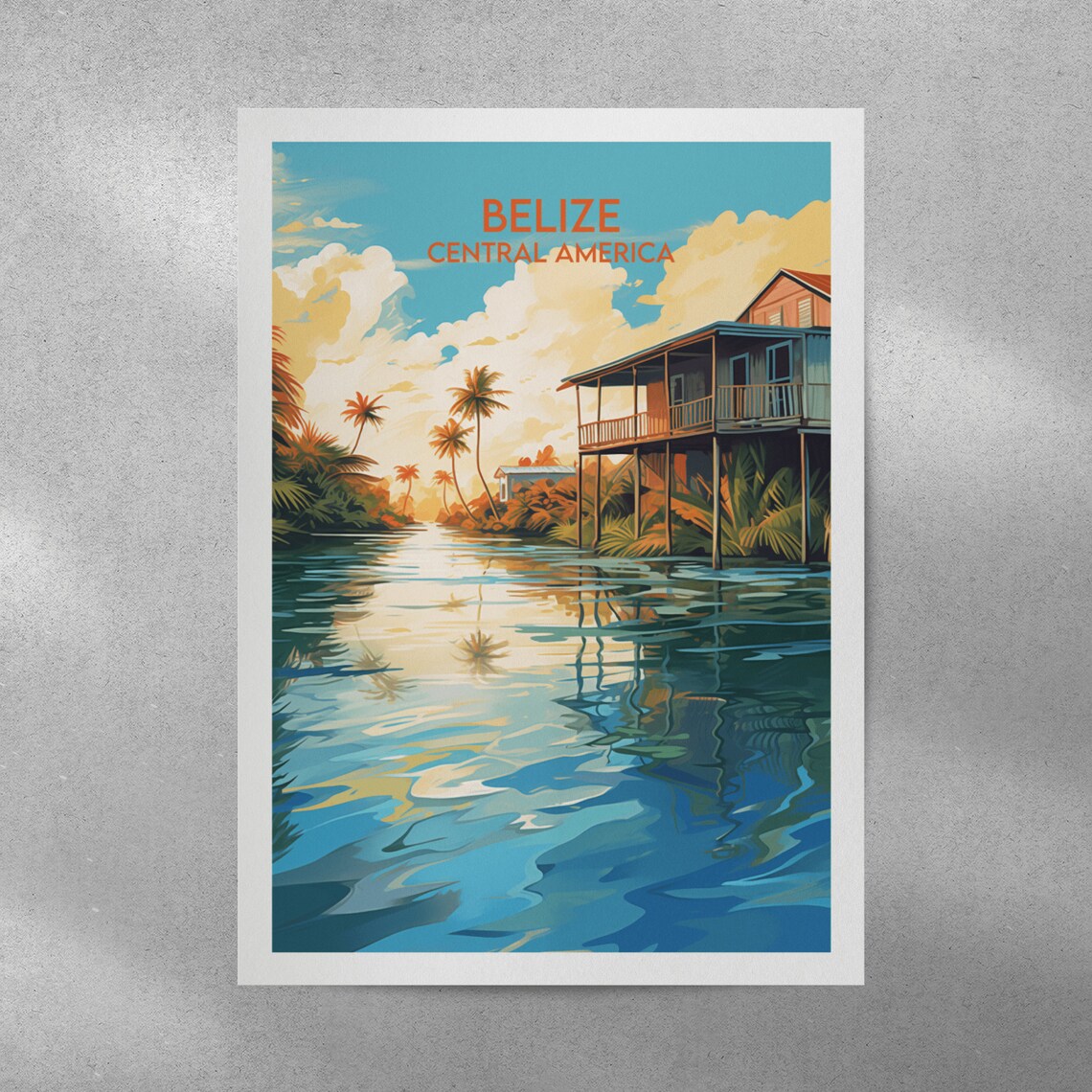 Belize Central America Stilt House on the Water Travel Poster - Image 3