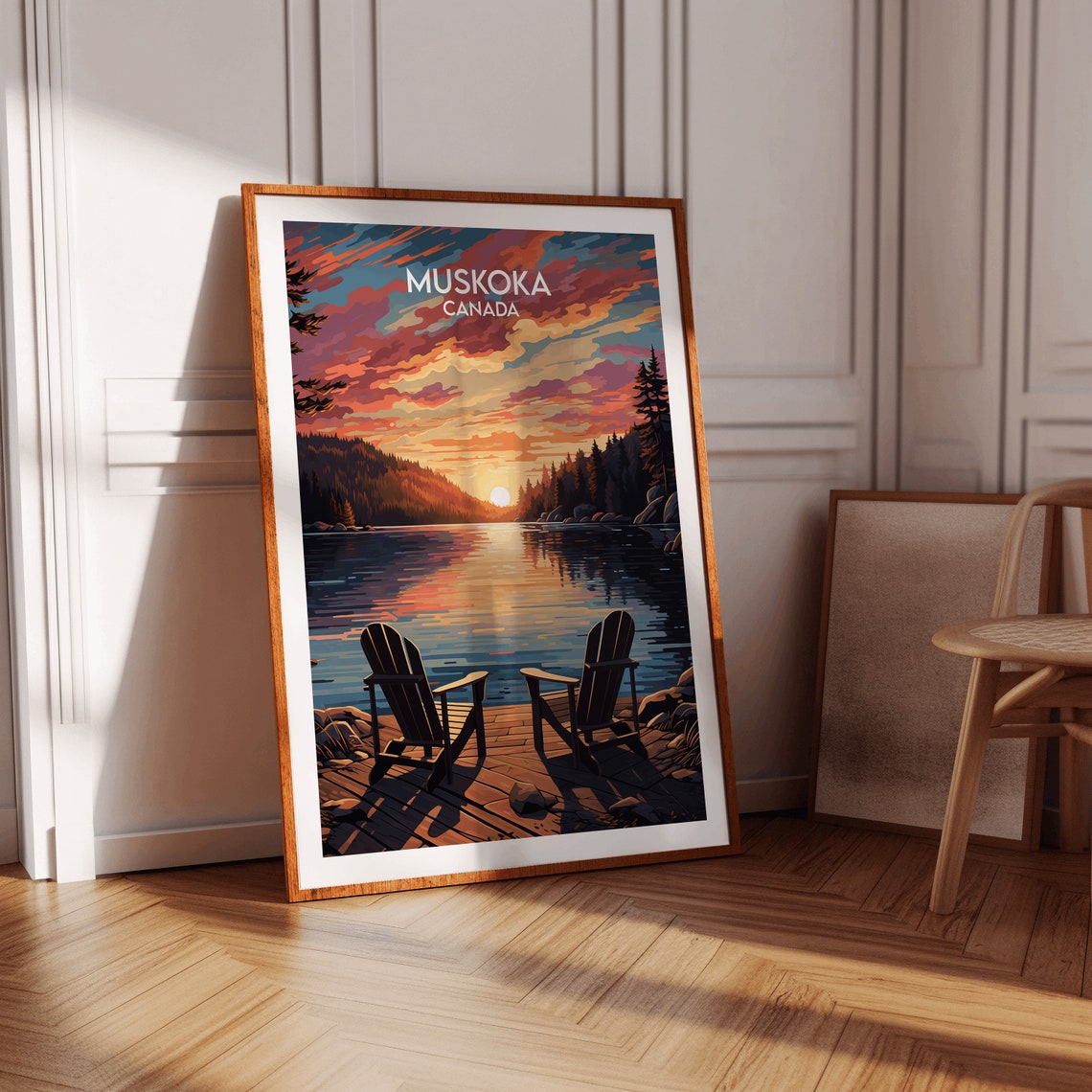 Muskoka Canada Travel Poster Sunset Lake Adirondack Chairs Artwork - Image 2