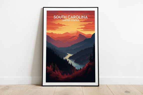 South Carolina Mountain Valley Sunset Vintage Travel Poster View