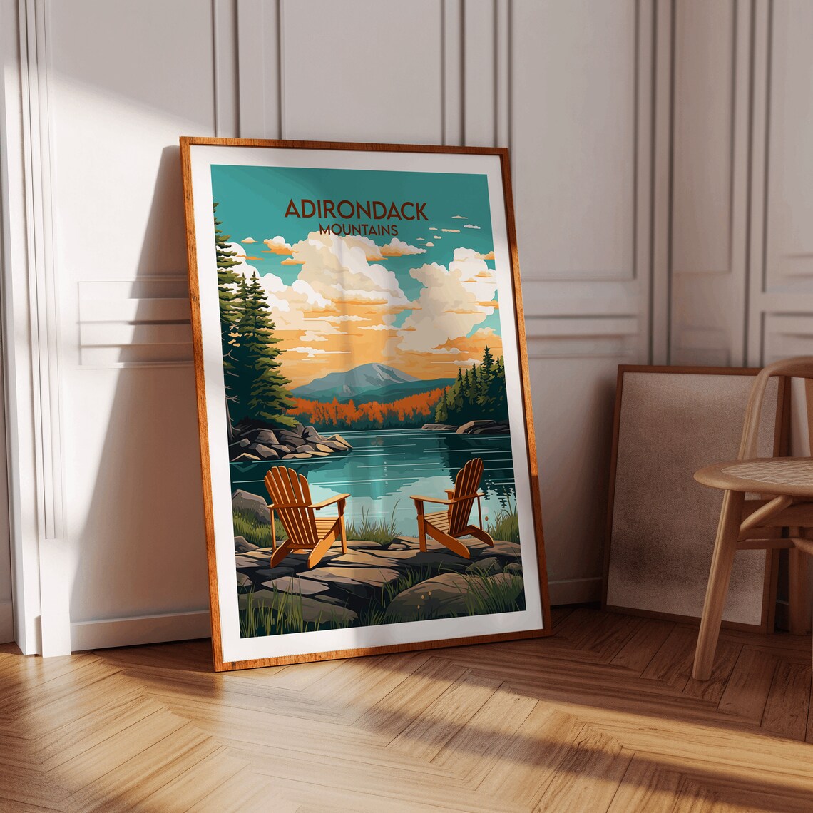 Adirondack Mountains Lake Shore Chairs Relaxing Travel Poster - Image 2