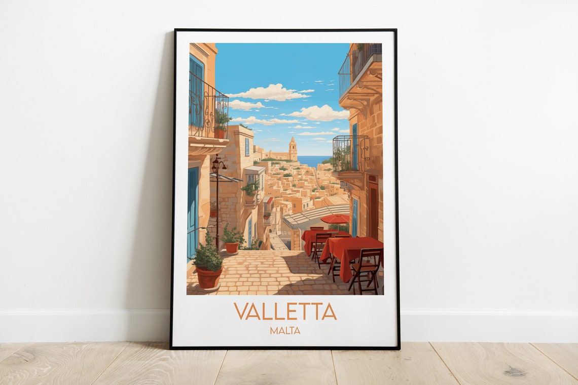 Valletta Malta Vintage Travel Illustration Sunny Old Town Sea Poster