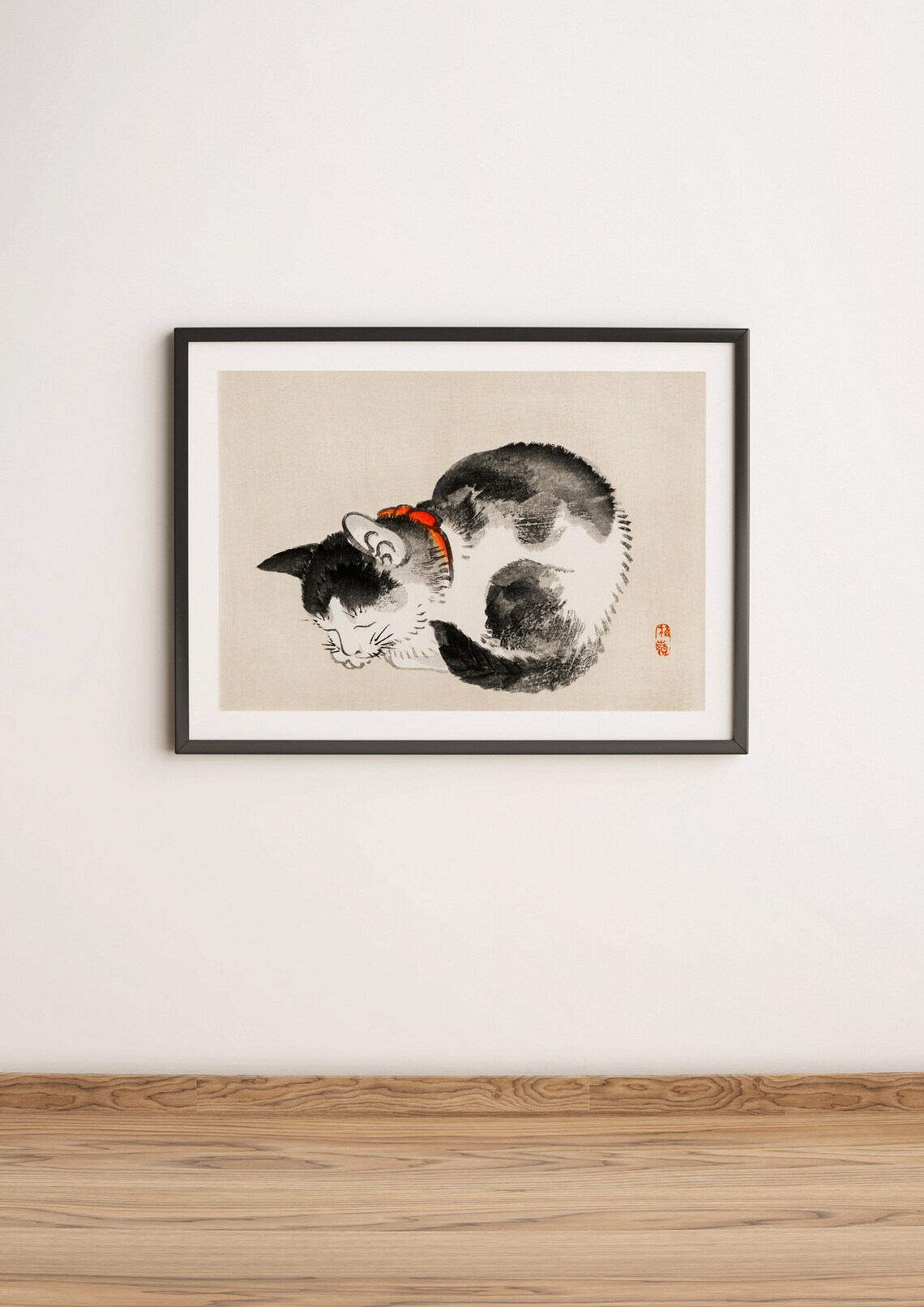 Sleeping Japanese Cat Vintage Woodblock Print Ink Wash Artwork Style - Image 3