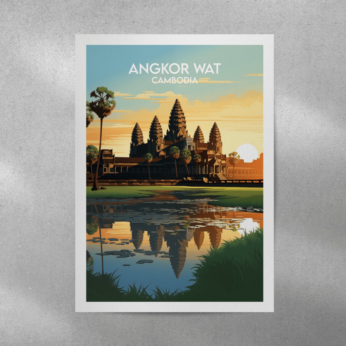 Angkor Wat Cambodia Temple Sunrise Reflection Vintage Travel Poster - Image 4