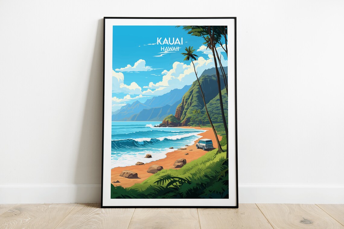 Kauai Hawaii Vintage Travel Poster Beach Cliffs Palm Trees Ocean View