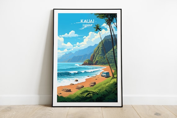 Kauai Hawaii Vintage Travel Poster Beach Cliffs Palm Trees Ocean View