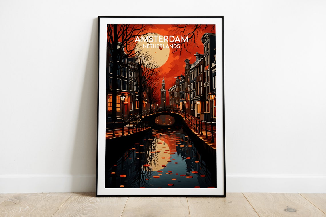 Amsterdam Netherlands Night Canal Moonlit Bridge Vintage Travel Poster