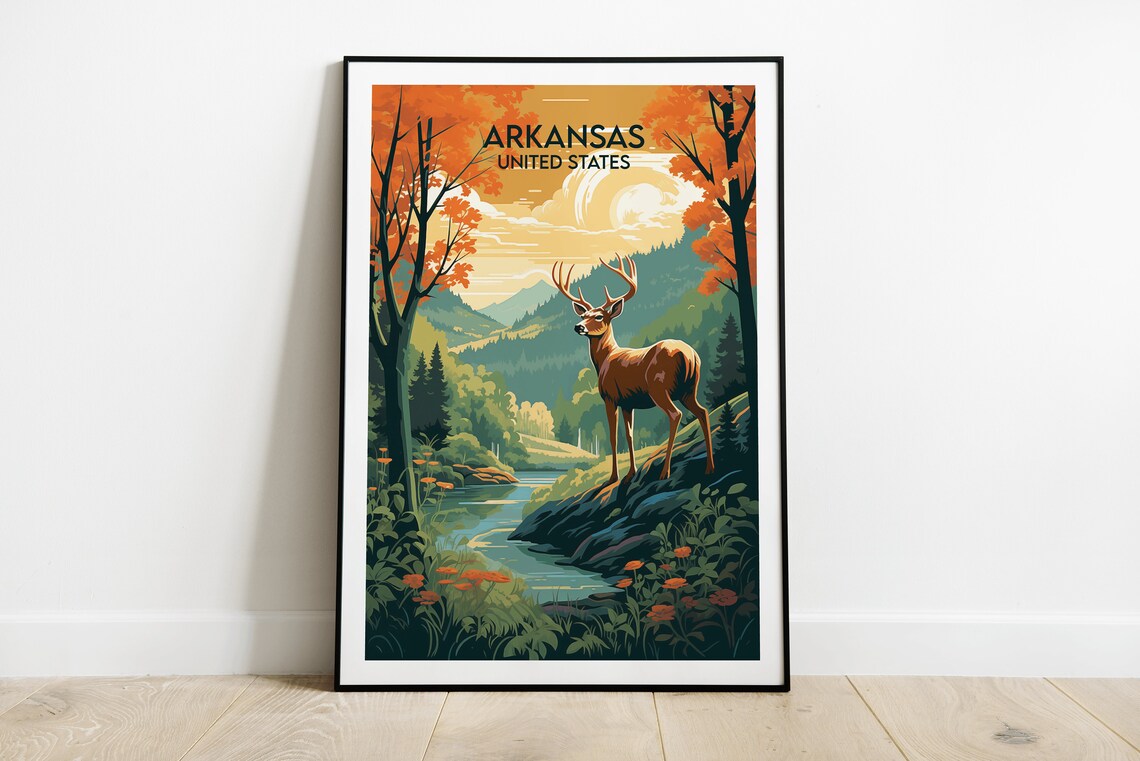 Arkansas United States Autumn Deer Forest River Retro Travel Poster