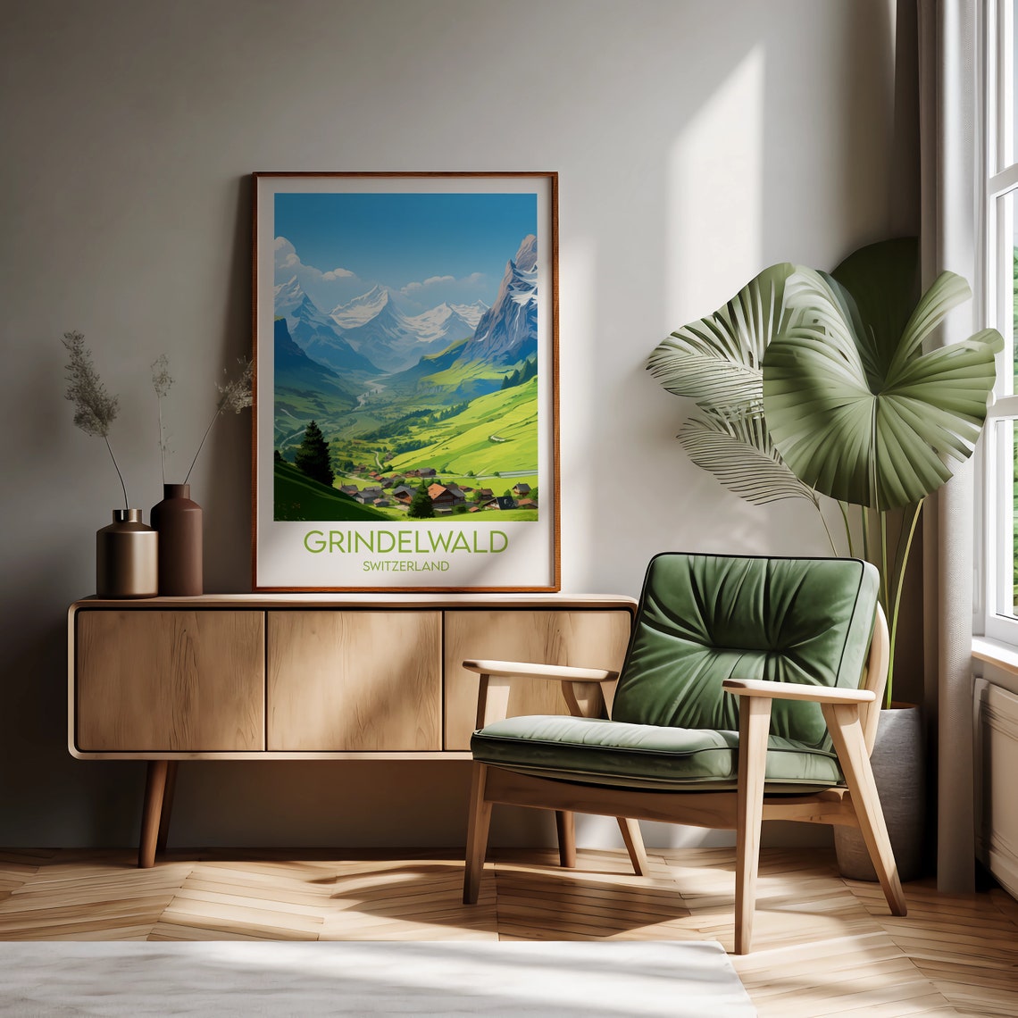 Scenic Grindelwald Switzerland Green Alpine Valley Village Poster - Image 2