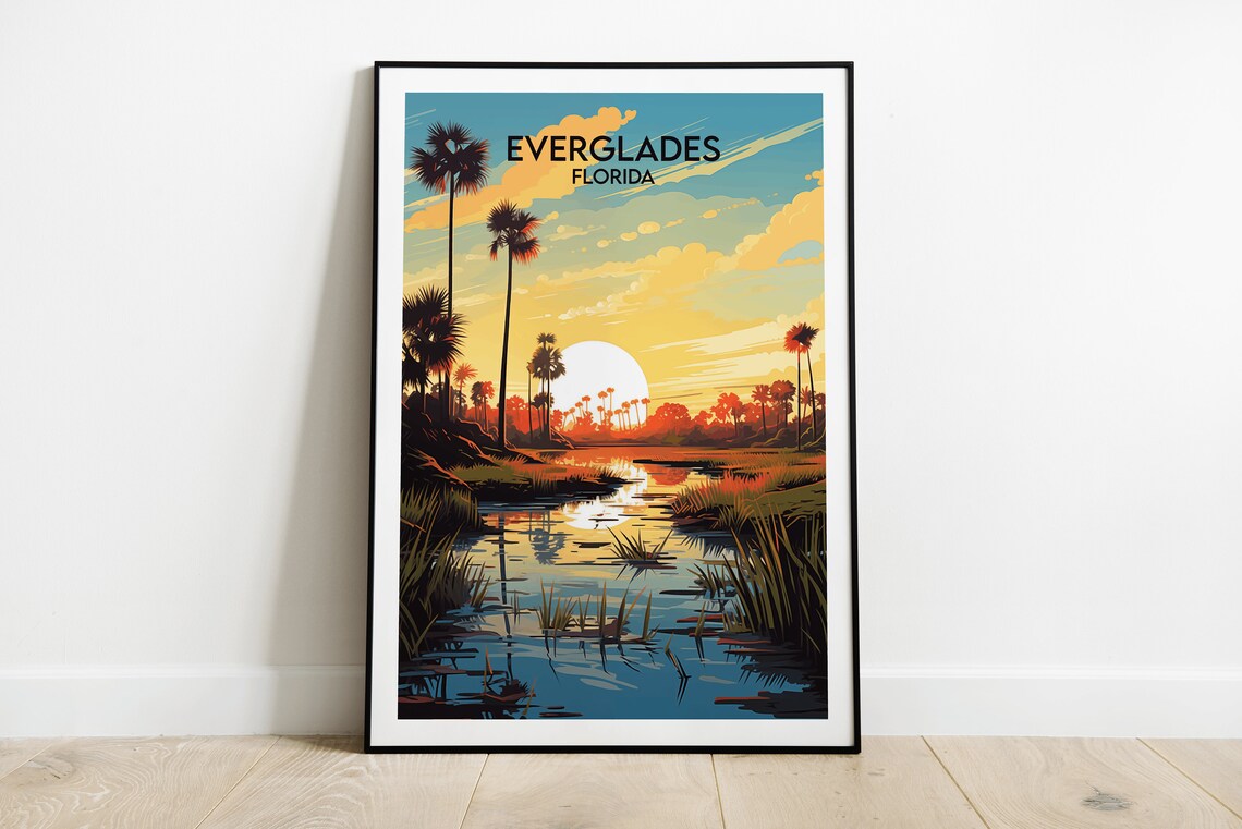 Everglades Florida Golden Sunset Marsh Palms Waterway Travel Poster