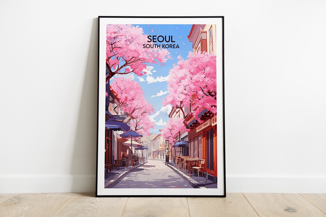 Seoul South Korea Cherry Blossom Street Cafe Travel Poster Art