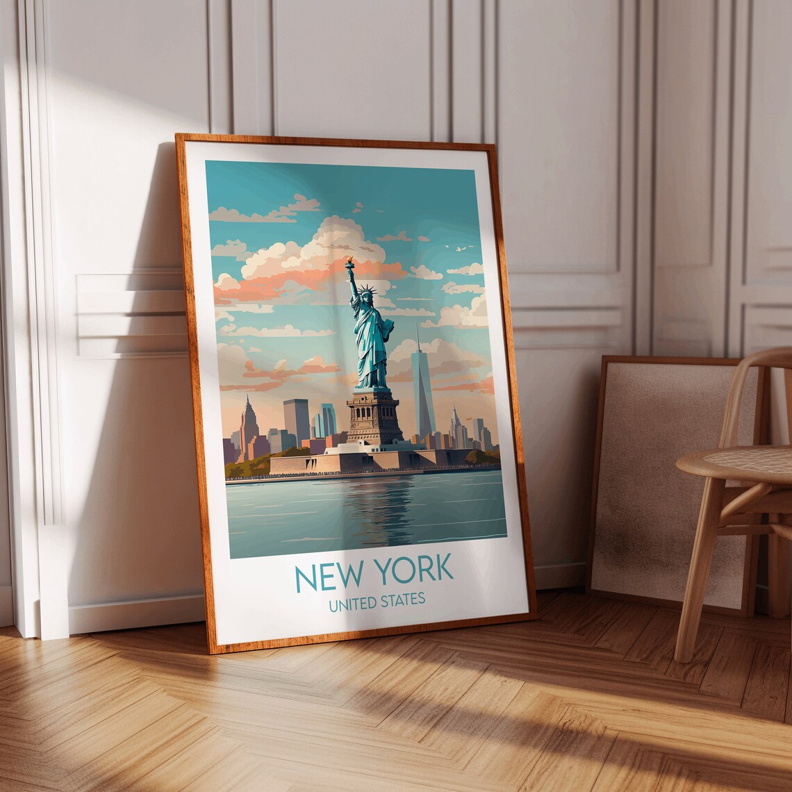 New York Statue of Liberty Skyline Harbor Daytime Travel Poster - Image 2