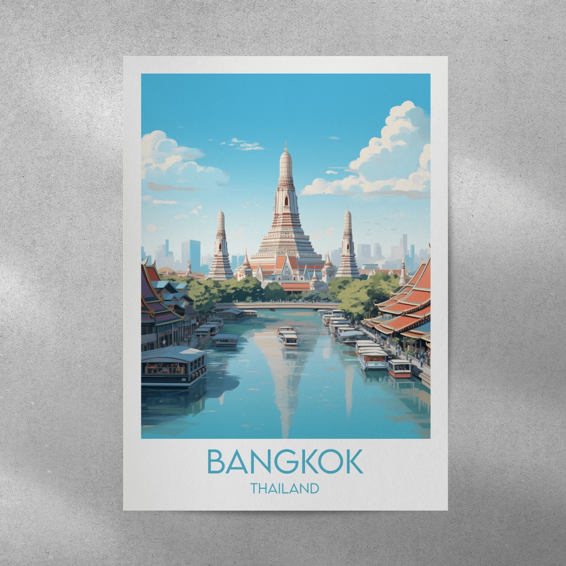 Bangkok Thailand Riverside Temple and Riverboats Retro Travel Poster - Image 3