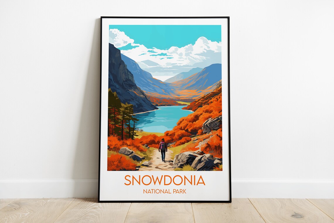 Snowdonia National Park Vintage Travel Poster Autumn Hiker Lake View