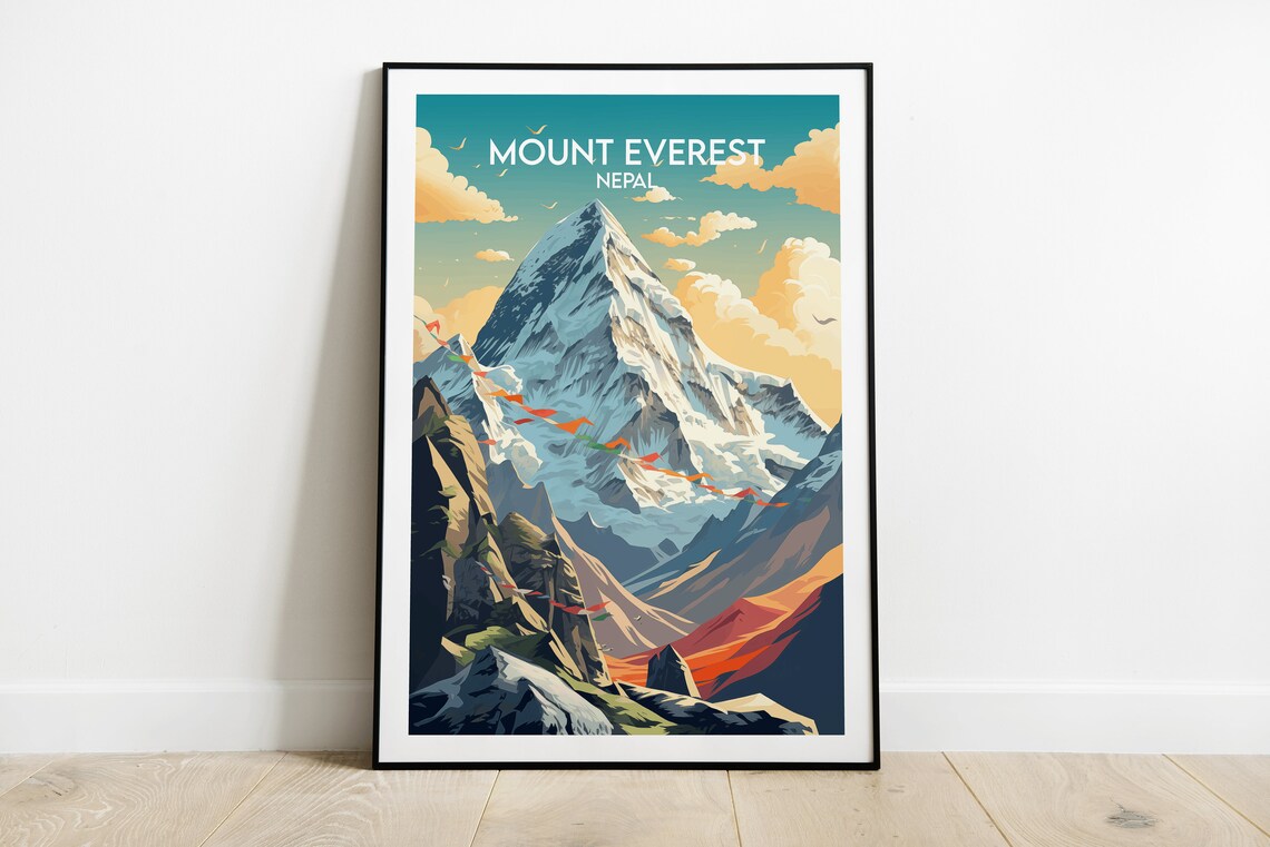 Mount Everest Nepal Vintage Travel Art Print with Prayer Flags Scene