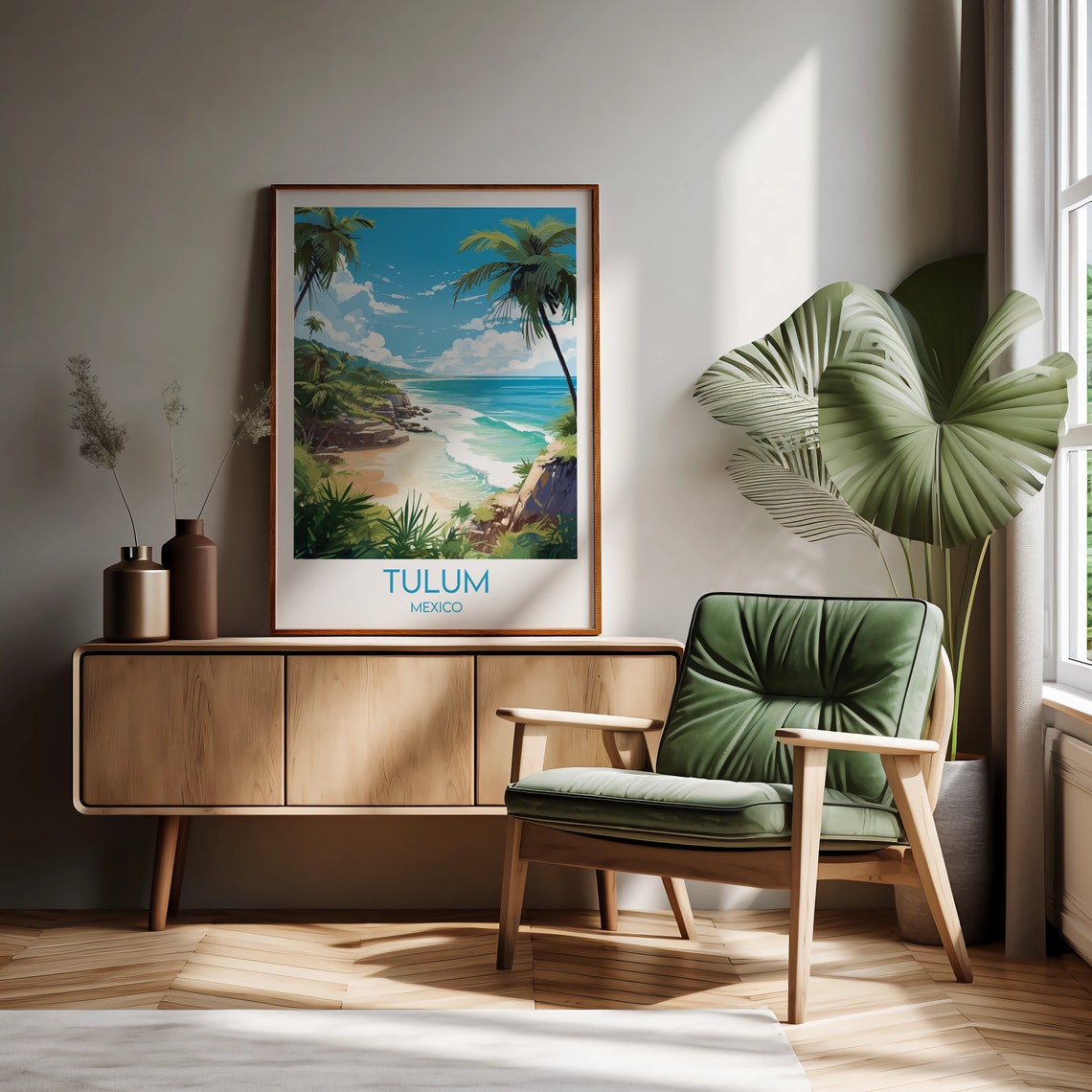 Tulum Mexico Palm Beach Cliffs Caribbean Retro Travel Art Poster - Image 2