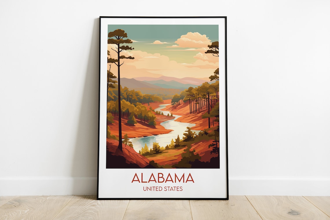 Alabama United States Pine Forest River Hills Scene Travel Poster