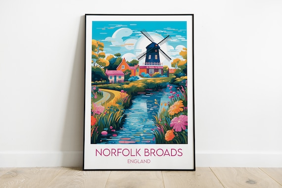 Norfolk Broads England Windmill River Wildflowers Travel Art Poster
