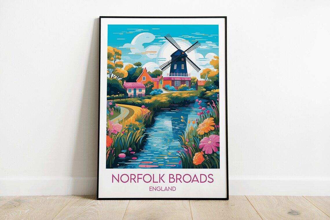 Norfolk Broads England Windmill River Wildflowers Travel Art Poster