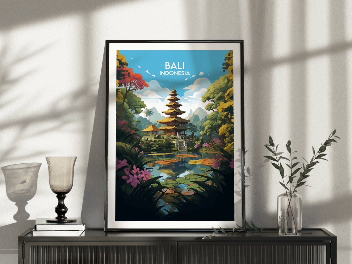 Bali Indonesia Travel Poster Temple Jungle Lotus Pond Artwork - Image 4