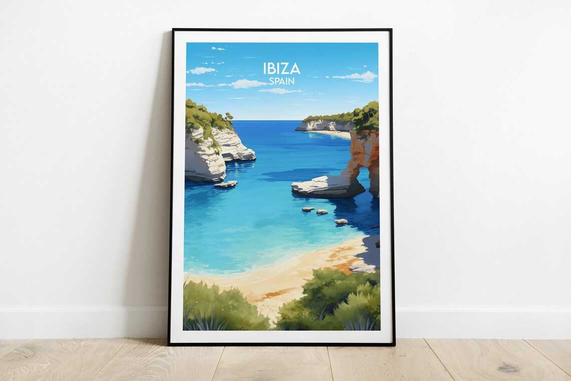Ibiza Spain Turquoise Cove Hidden Beach Cliffs Seaside Art Poster