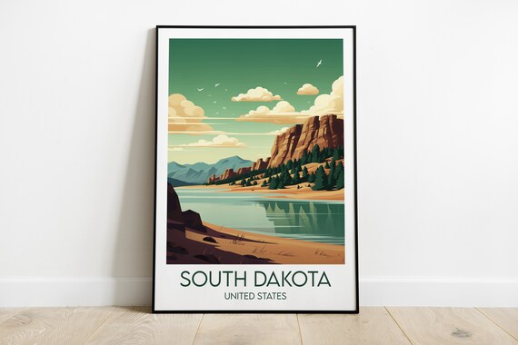 South Dakota United States Travel Poster Lake And Cliff Artwork