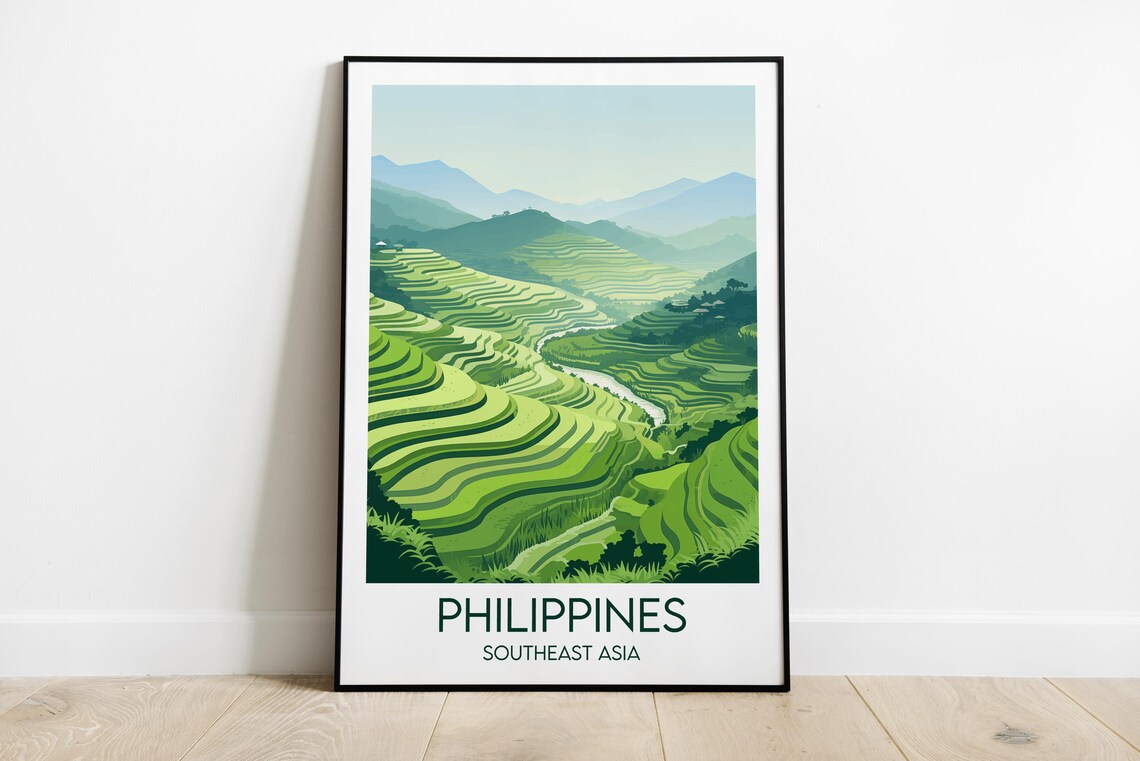 Philippines Rice Terraces Lush Green Mountain Valley Travel Poster